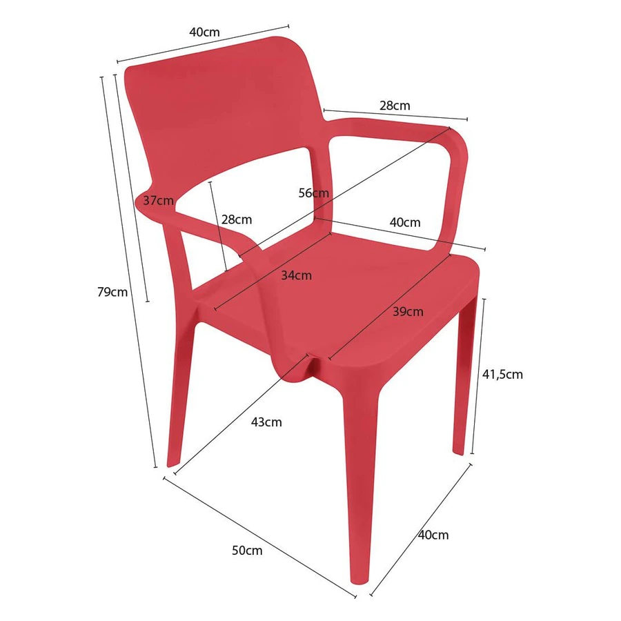 Dibujo tecnico de la Silla Minimal con apoyabrazos con medidas: 79 cm de alto, 56 cm entre apoyabrazos, 43 cm de profundidad y 41,5 cm de altura de asiento