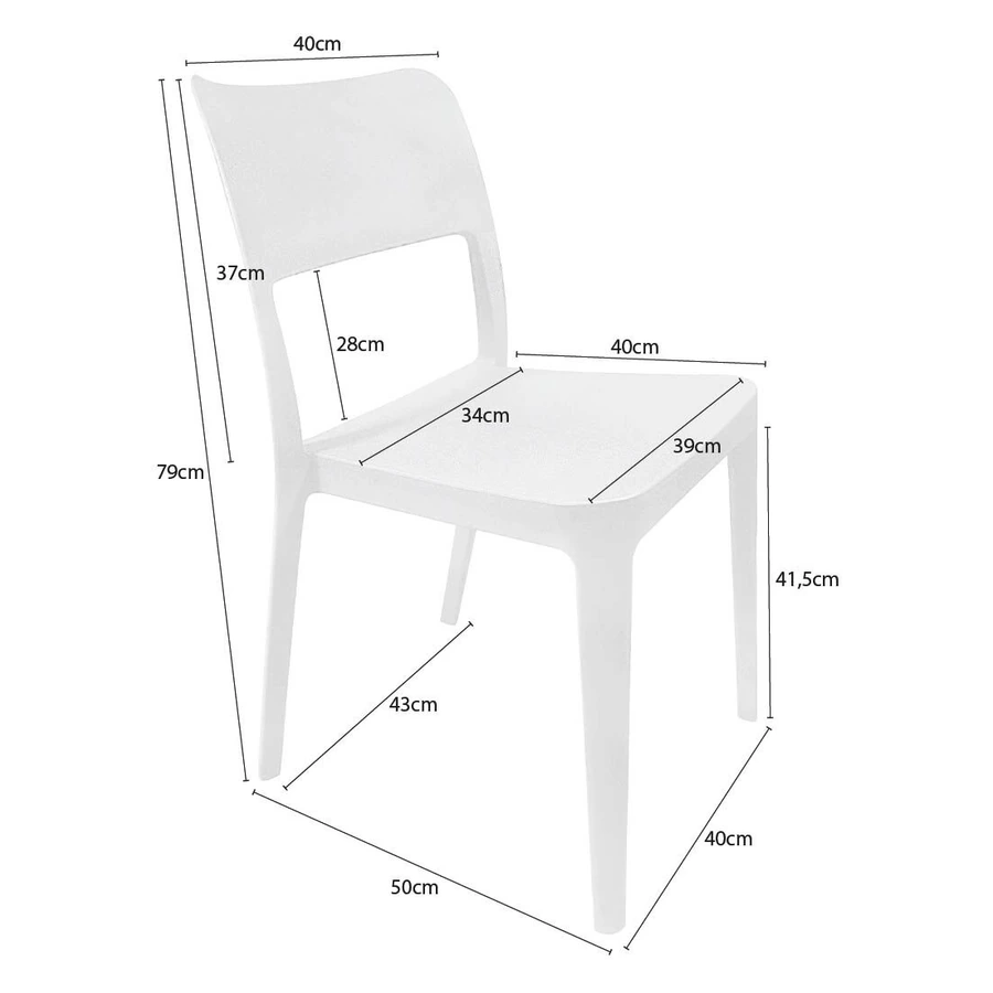 Dibujo tecnico de la Silla Minimal sin apoyabrazos con medidas: 79 cm de alto, 50 cm de ancho, 43 cm de profundidad y 41,5 cm de altura de asiento