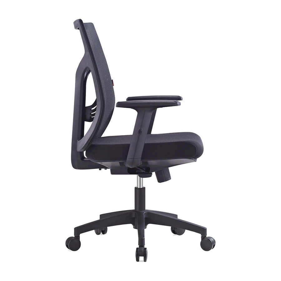 Silla operativa Serenity en malla negra, vista lateral con base de nylon