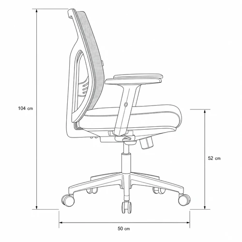 Dibujo técnico de la Silla Operativa Serenity con medidas, vista lateral