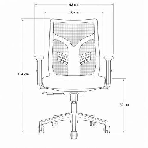 Dibujo técnico de la Silla Operativa Serenity con medidas, vista frontal