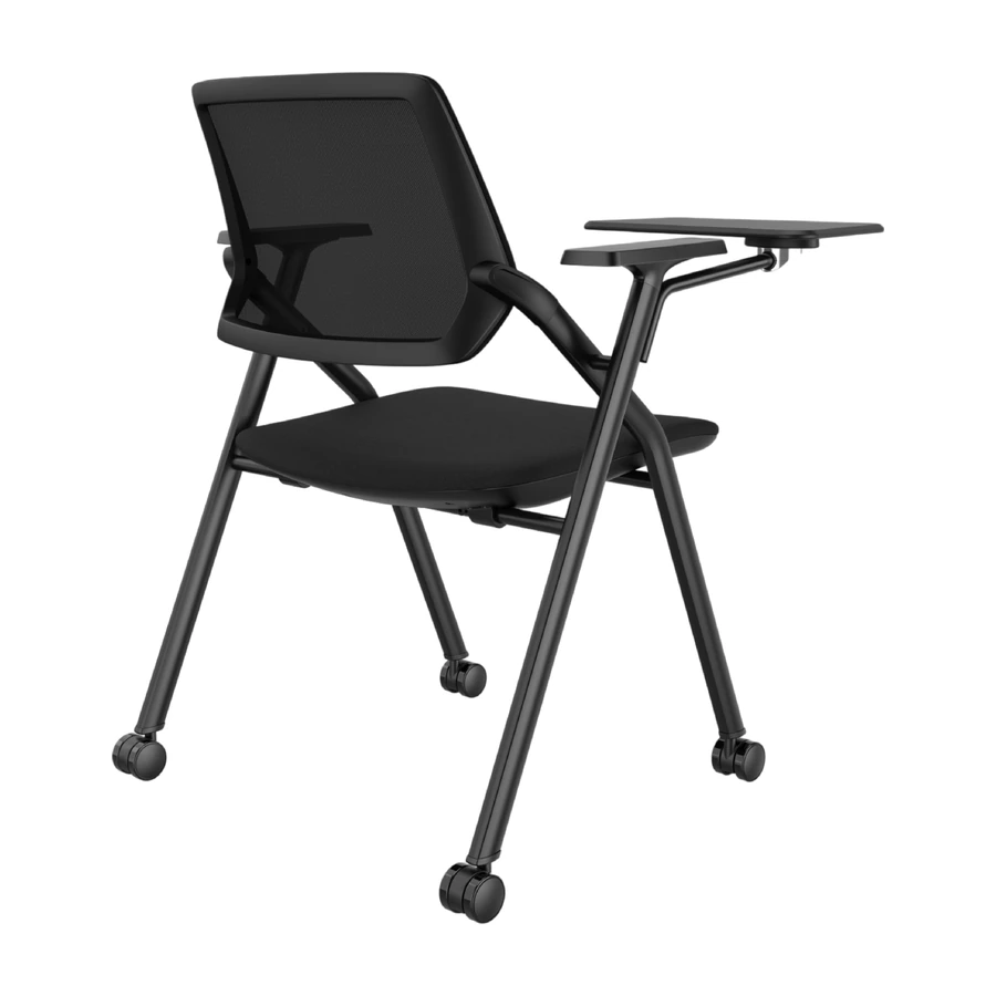 Silla universitaria U2 con paleta abatible apilable con ruedas, vista tres cuartos trasera - Prido