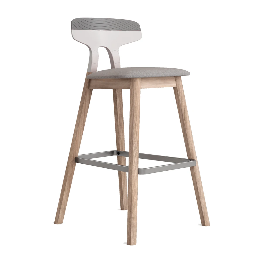 Taburete Elia gris con asiento tapizado y respaldo de polipropileno, patas de madera y reposapiés metálico, vista tres cuartos