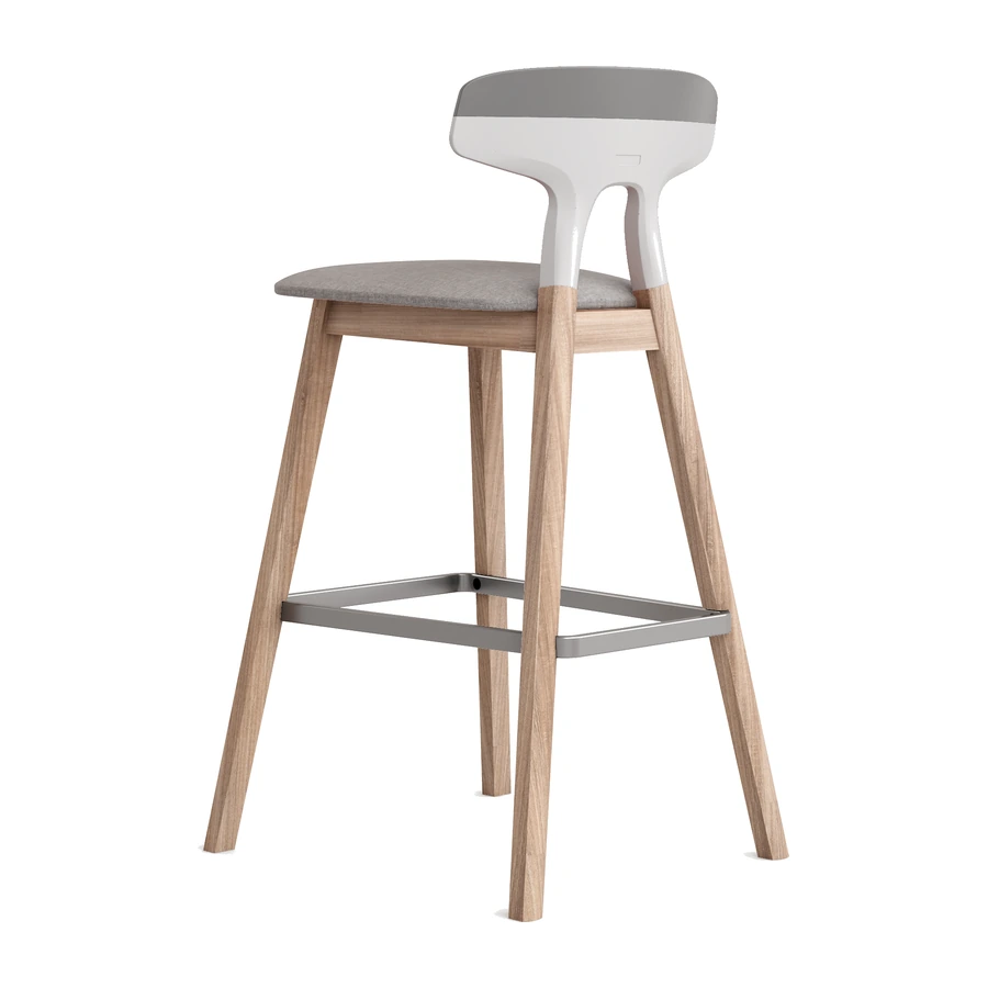 Taburete Elia gris, vista posterior tres cuartos, respaldo de polipropileno y patas de madera