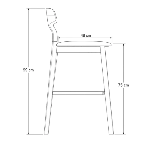 Dibujo técnico del Taburete Elia con medidas, vista lateral