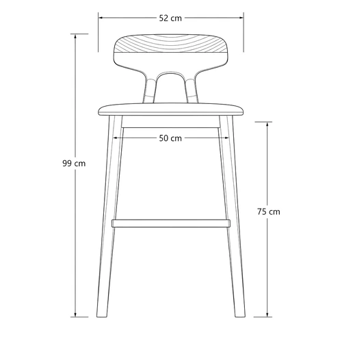 Dibujo técnico del Taburete Elia con medidas, vista frontal