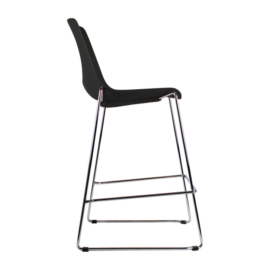 Taburete Joga negro con base de acero cromado, vista lateral