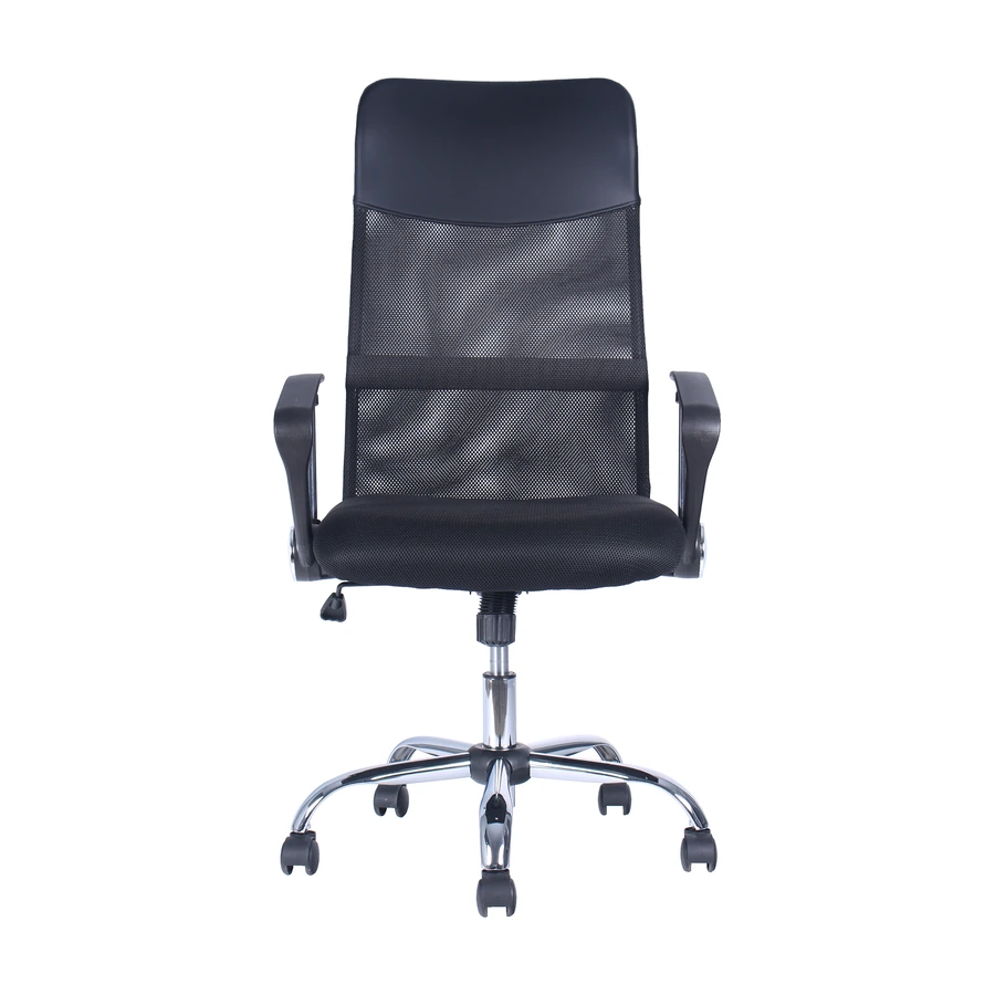 Silla Sinfonia vista frontal con respaldo alto de malla y apoyabrazos fijos