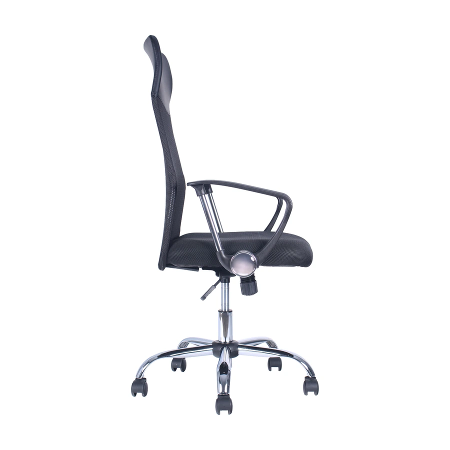 Silla Sinfonia vista lateral con base de acero cromado y piston a gas