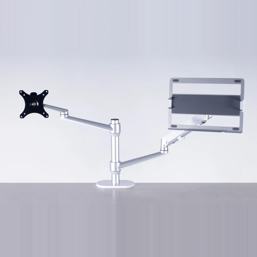 Soporte Atlas 3 para monitor y notebook con dos brazos articulados, color plateado