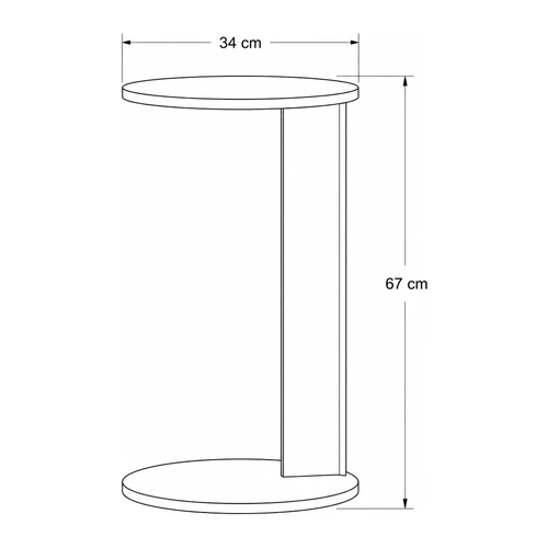Dibujo técnico de la mesa lateral Aqua con altura total de 67 cm y cubierta de 34 cm de diámetro