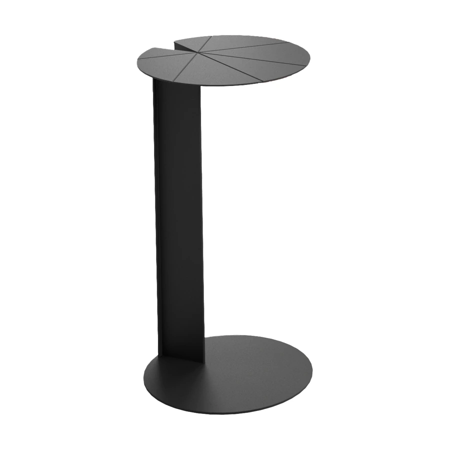 Mesa lateral Aqua negra en perspectiva, cubierta redonda de acero repujado y base circular