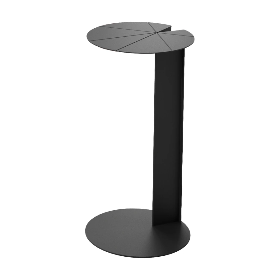 Mesa lateral Aqua negra vista frontal con columna de acero plano