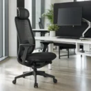 Silla Aura negra en un puesto de trabajo corporativo con monitor y panel divisorio