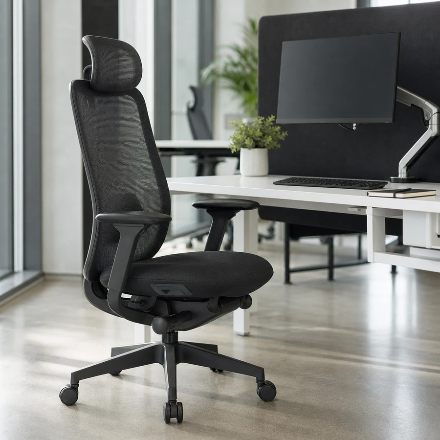 Silla Aura negra en un puesto de trabajo corporativo con monitor y panel divisorio
