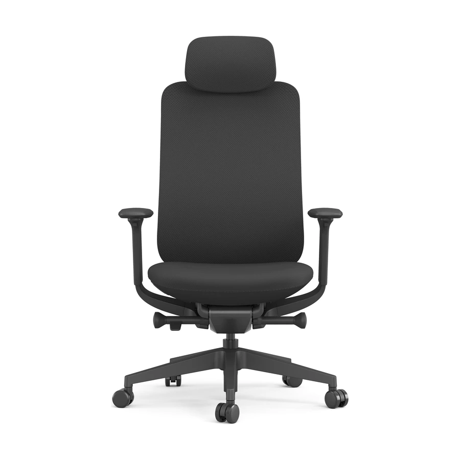 Silla Aura vista frontal, con apoyabrazos 4D y asiento acolchado