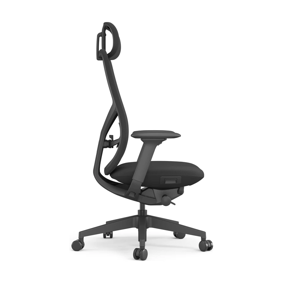 Silla Aura vista lateral, con soporte curvo del apoyacabezas y mecanismo Donati