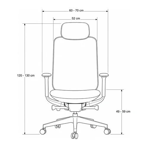 Dibujo tecnico frontal de la silla Aura: 60 a 70 cm de ancho, asiento de 52 cm, respaldo de 120 a 130 cm y asiento de 49 a 59 cm