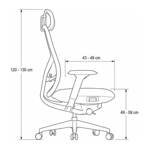 Dibujo tecnico lateral de la silla Aura: asiento de 43 a 49 cm de profundidad regulable de 49 a 59 cm de altura