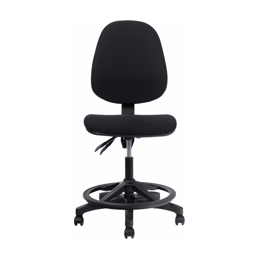Silla de cajero Romy negra vista frontal, sin brazos, con base de nylon y ruedas