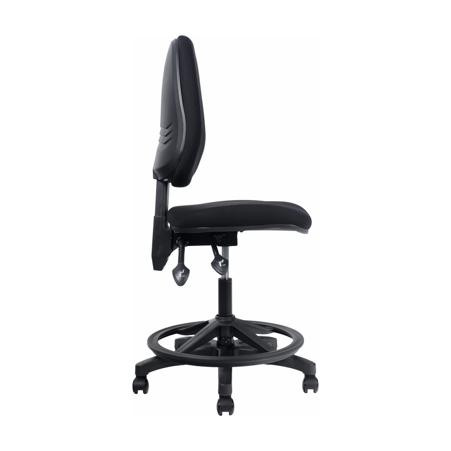 Silla de cajero Romy negra vista lateral, con respaldo regulable en altura y pistón a gas de 200 mm