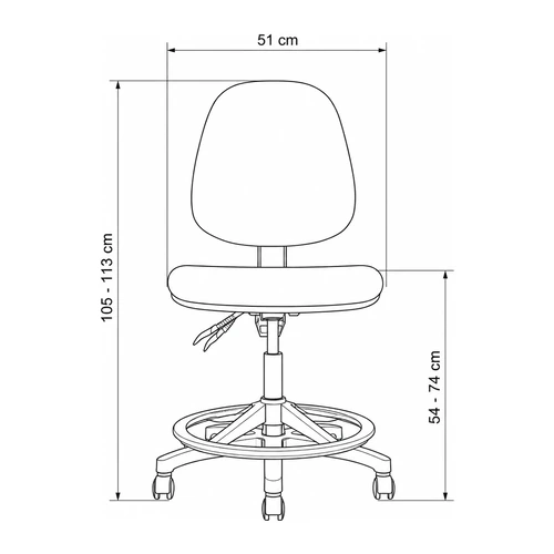 Dibujo técnico frontal de la silla de cajero Romy: 51 cm de ancho, respaldo de 105 a 113 cm y asiento de 54 a 74 cm
