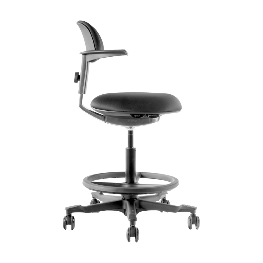 Silla de trabajo alta Wolf negra vista lateral, con pistón a gas de 200 mm clase 4
