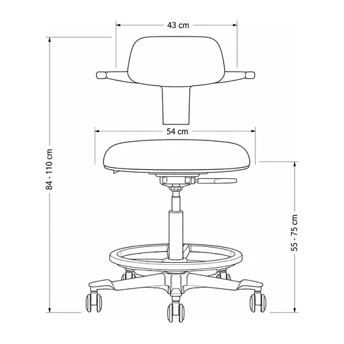 Dibujo técnico frontal de la silla Wolf: 43 cm de ancho, asiento de 54 cm y alturas de 84 a 110 cm y de 55 a 75 cm