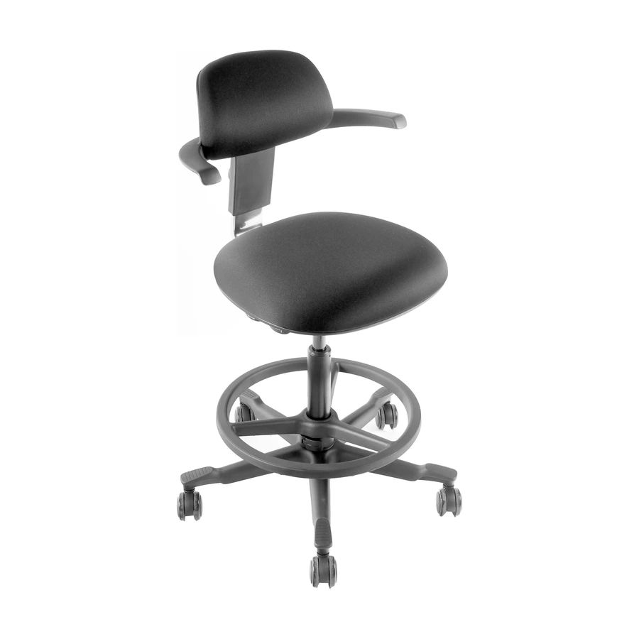Silla de trabajo alta Wolf negra vista en perspectiva superior, con base de nylon y área de apoyo de pies