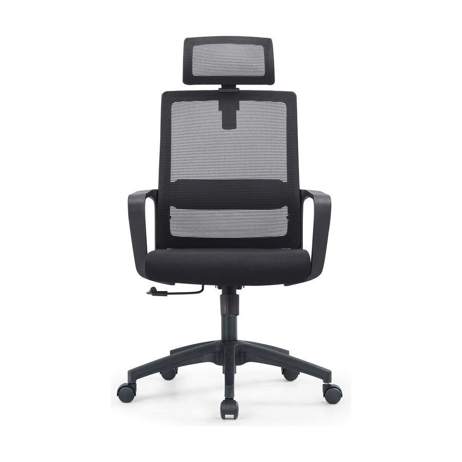 Silla Cleo vista frontal, con apoyacabezas de malla y brazos fijos curvos
