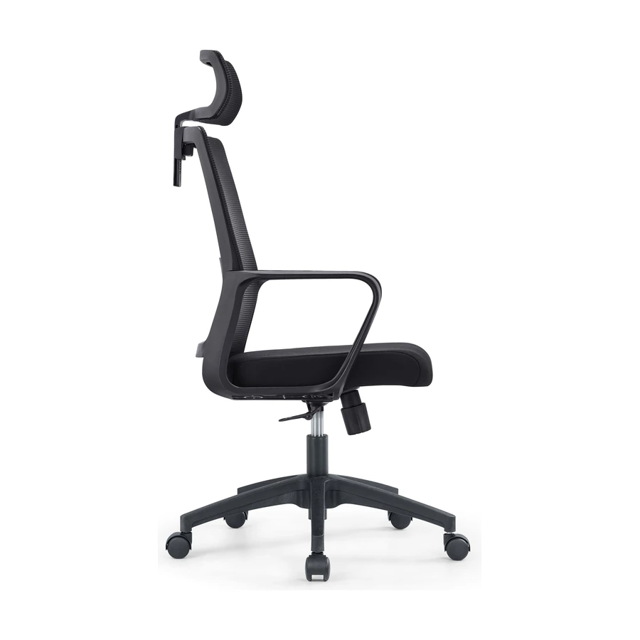 Silla Cleo vista lateral, con respaldo alto de malla y piston a gas de 120 mm