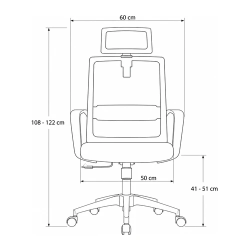 Dibujo tecnico frontal de la silla Cleo: 60 cm de ancho, asiento de 50 cm, respaldo de 108 a 122 cm y asiento de 41 a 51 cm