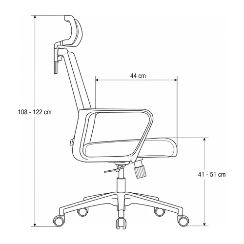 Dibujo tecnico lateral de la silla Cleo: asiento de 44 cm de profundidad regulable de 41 a 51 cm de altura