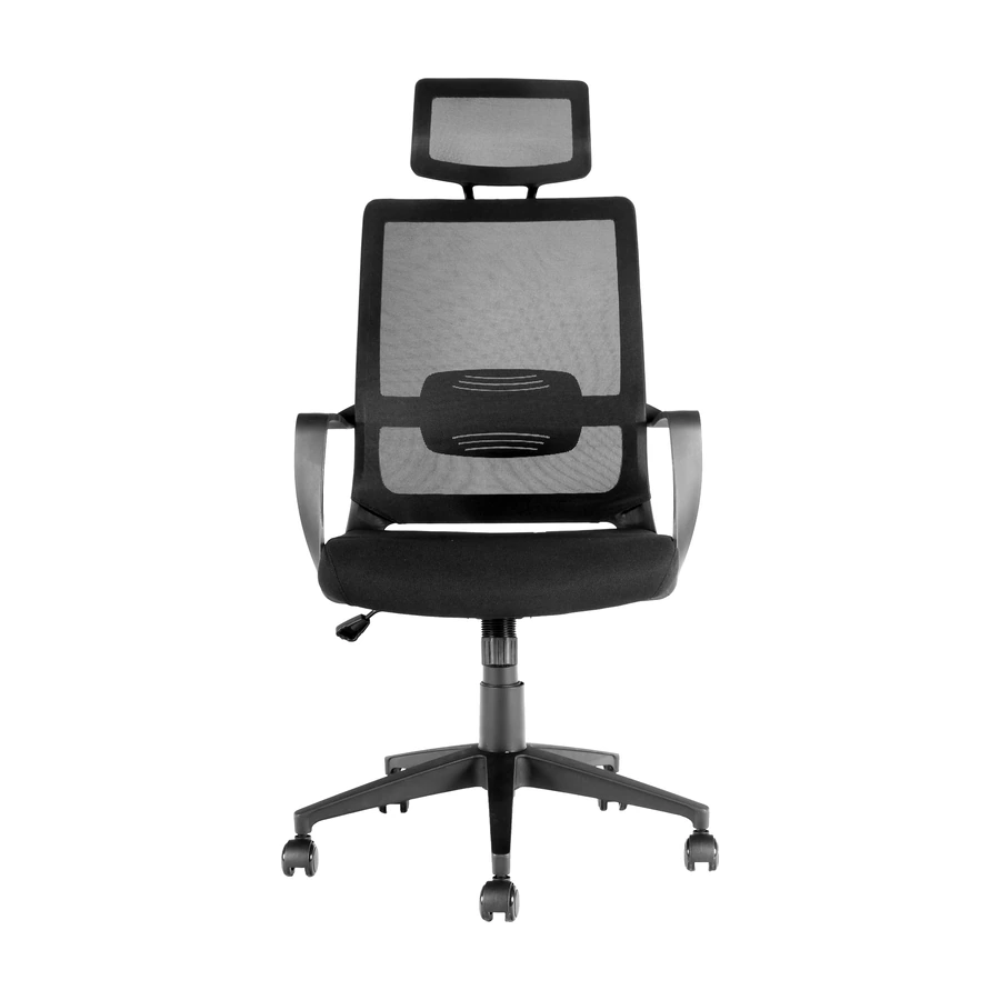 Silla Cova vista frontal, con cabecero de malla y apoyabrazos fijos curvos