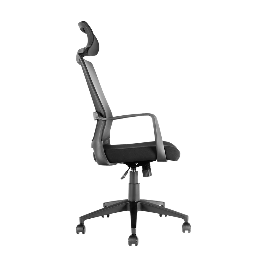 Silla Cova vista lateral, con respaldo alto de malla y piston a gas de 120 mm