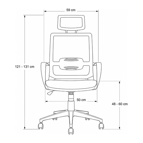 Dibujo tecnico frontal de la silla Cova: 59 cm de ancho, asiento de 50 cm, respaldo de 121 a 131 cm y asiento de 48 a 60 cm