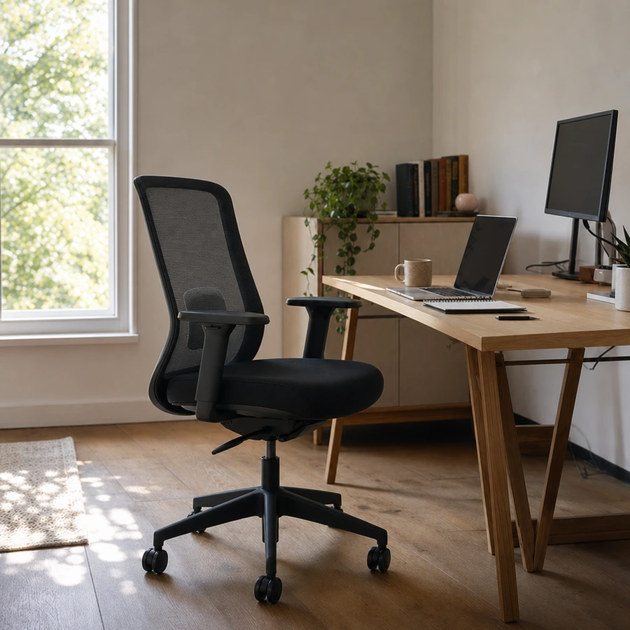Silla Dalia negra sin cabecero en un puesto de trabajo con escritorio de madera y monitor