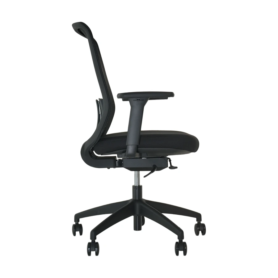 Silla Dalia negra vista lateral, con mecanismo sincronico y desplazador de asiento