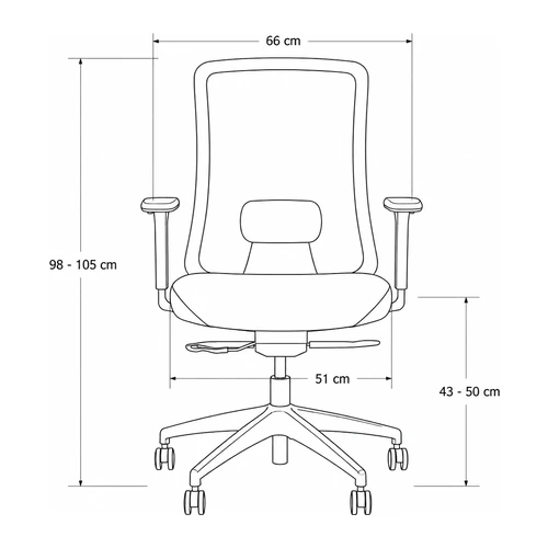 Dibujo tecnico frontal de la silla Dalia: 66 cm de ancho, asiento de 51 cm, respaldo de 98 a 105 cm y asiento de 43 a 50 cm