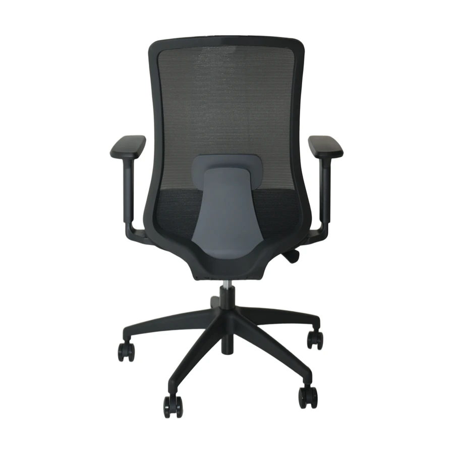 Silla Dalia negra vista trasera, con marco de poliamida y soporte lumbar gris