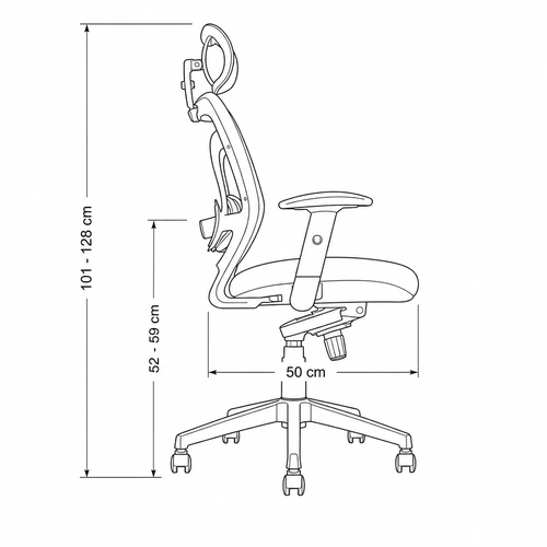 Dibujo tu00e9cnico de la Silla Ejecutiva Bart con cotas y medidas, vista lateral