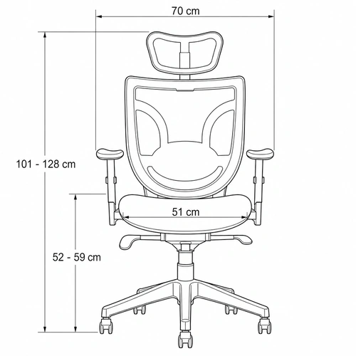 Dibujo tu00e9cnico de la Silla Ejecutiva Bart con cotas y medidas, vista frontal