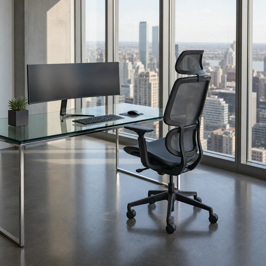 Silla ejecutiva G3 en una oficina corporativa con ventanales y escritorio de vidrio