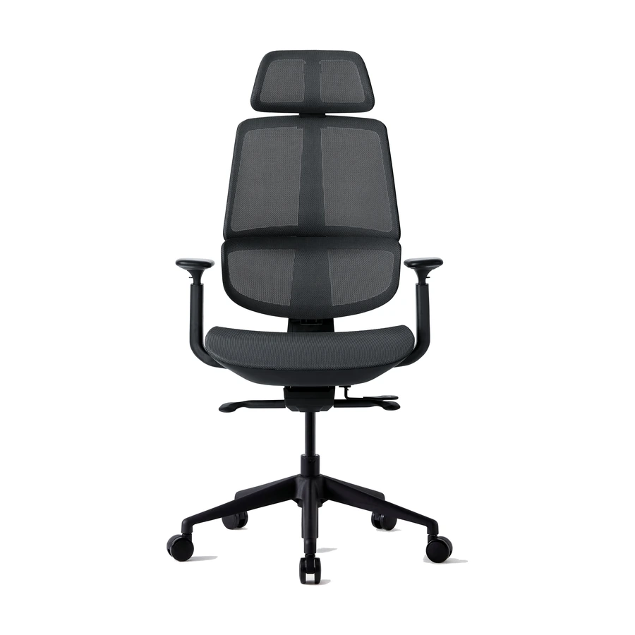 Silla ejecutiva G3 vista frontal, con respaldo alto de malla y apoyabrazos 3D