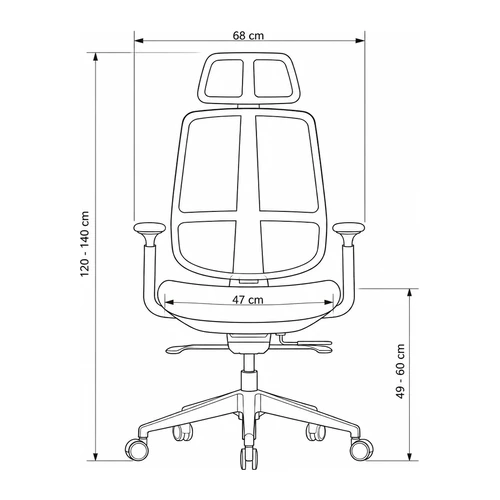 Dibujo tecnico frontal de la silla G3: 68 cm de ancho, asiento de 47 cm y alturas de 120 a 140 cm y de 49 a 60 cm