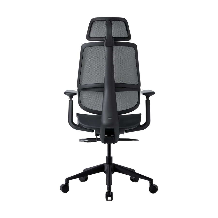 Silla ejecutiva G3 vista trasera, con marco negro y malla gris oscuro