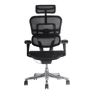 Silla ergonómica Ergohuman Fit negra, vista frontal con respaldo de malla y cabecero regulable
