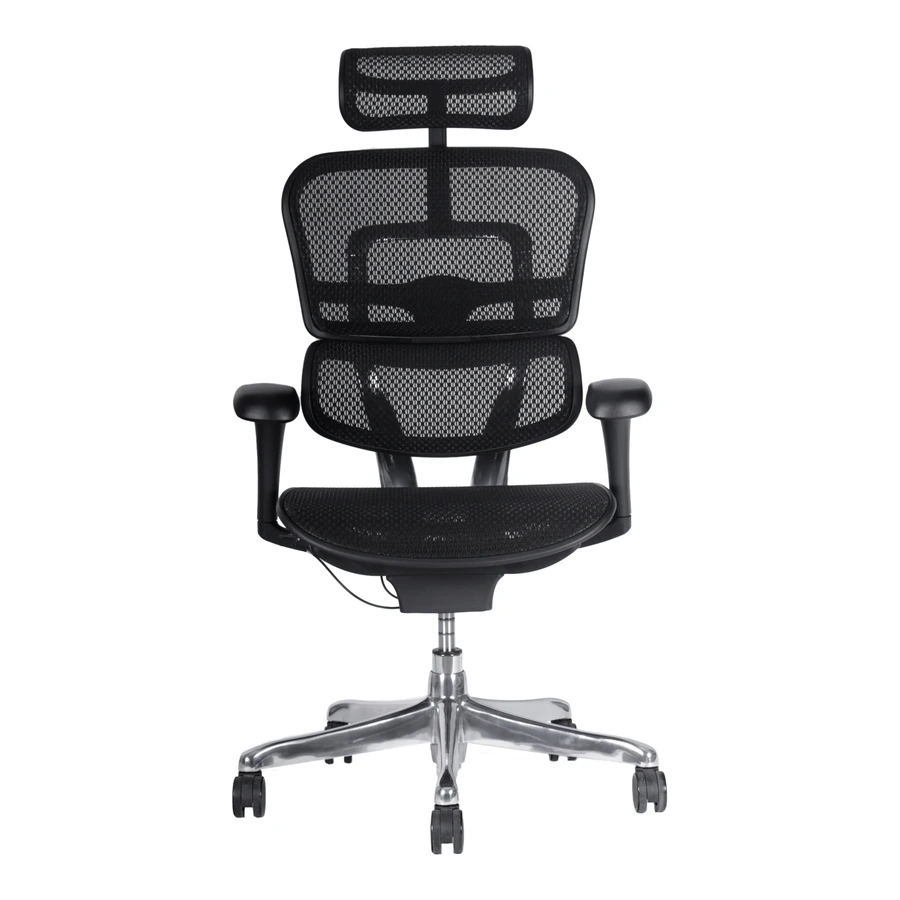 Silla ergonómica Ergohuman Fit negra, vista frontal con respaldo de malla y cabecero regulable