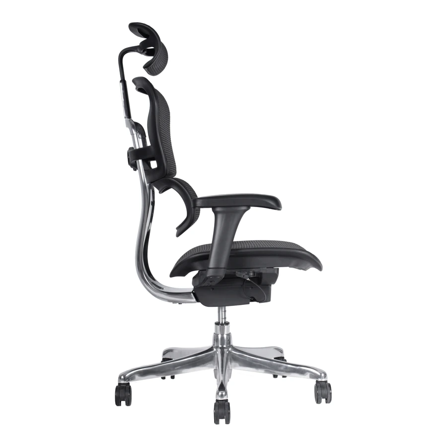 Silla ergonómica Ergohuman Fit negra, vista lateral con mecanismo sincrónico y base de aluminio