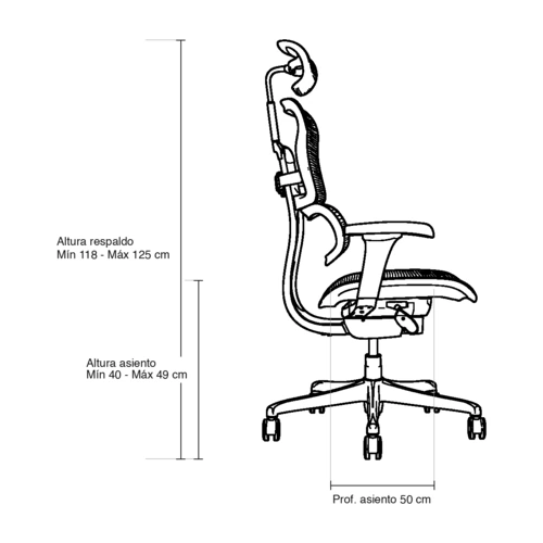 Dibujo técnico de la silla Ergohuman Fit con medidas, vista lateral